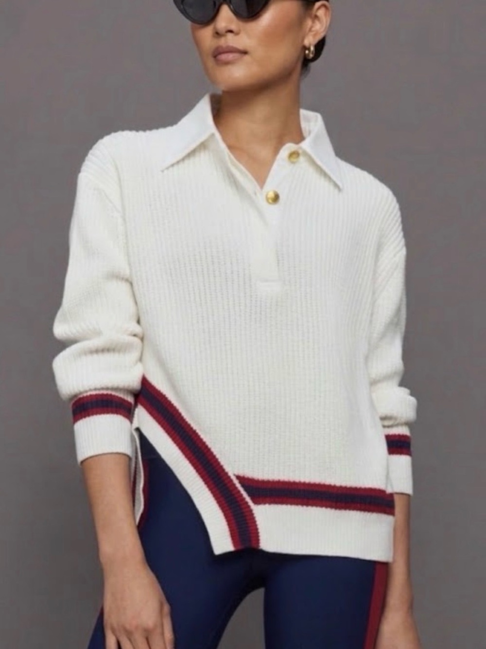 Carbon38 White Cotton Knit Rugby Polo Sweater Asymmetric Hem Red Navy Stripe XS